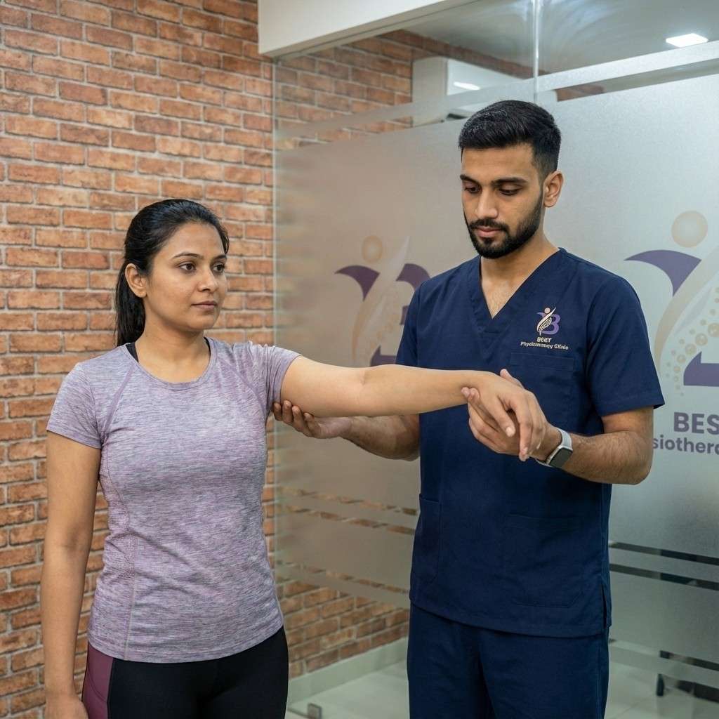 Physiotherapist assessing upper limb range of motion and nerve root function affected by a Cervical Slipped Disc