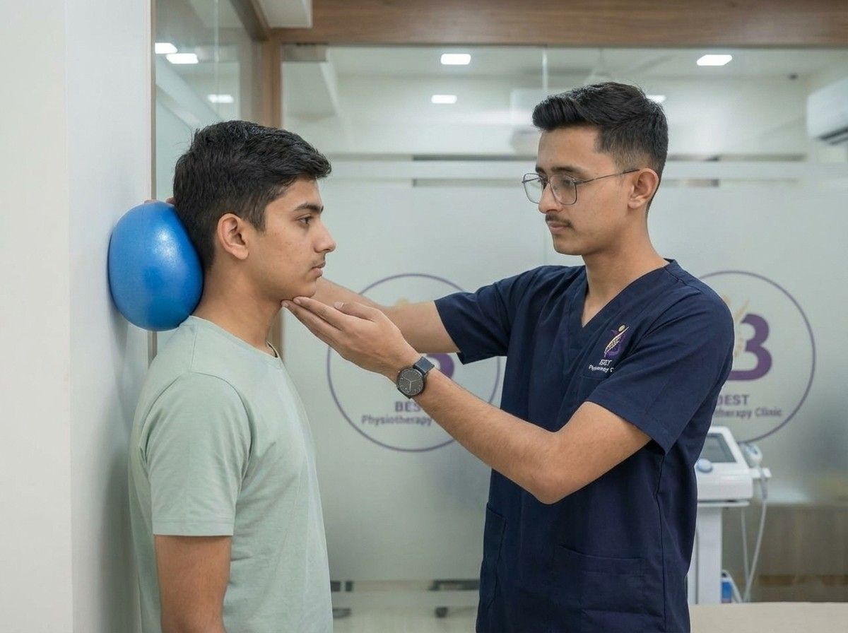 Physiotherapist assessing cervical spine posture and alignment for a patient experiencing pain from a Slipped Disc