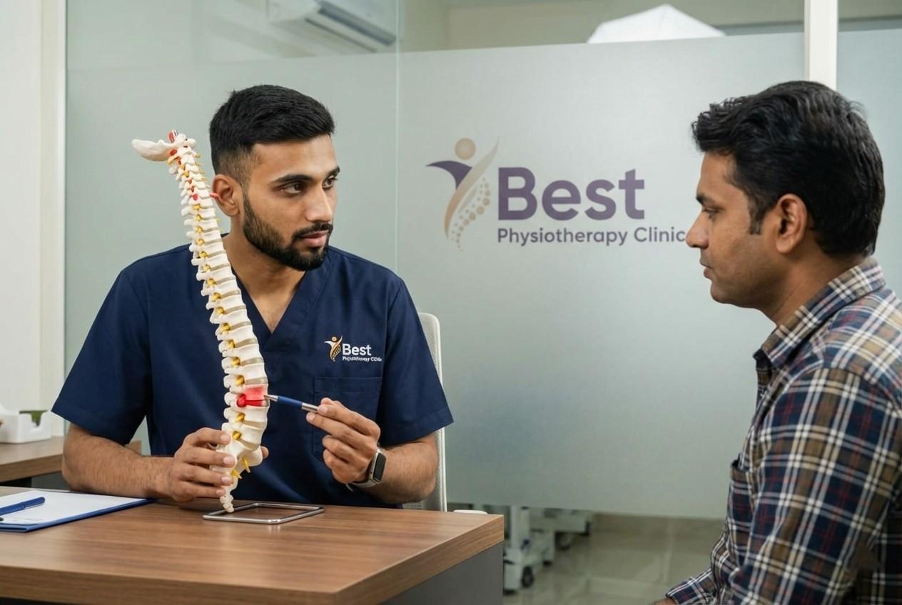 Physiotherapist explaining the mechanics of a Slipped Disc treatment and its effect on the spine to a patient during consultation