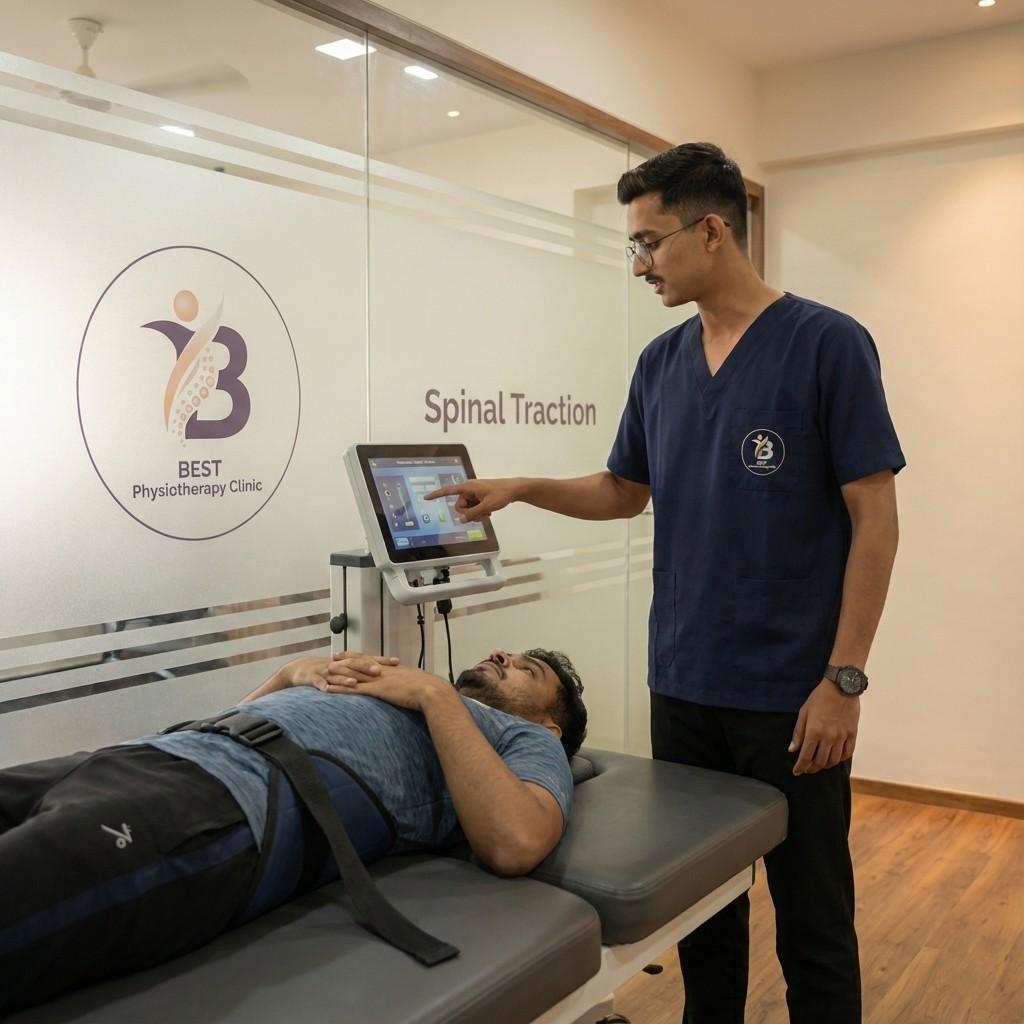 Patient undergoing mechanical spinal traction (decompression) therapy to relieve pressure from a Slipped Disc