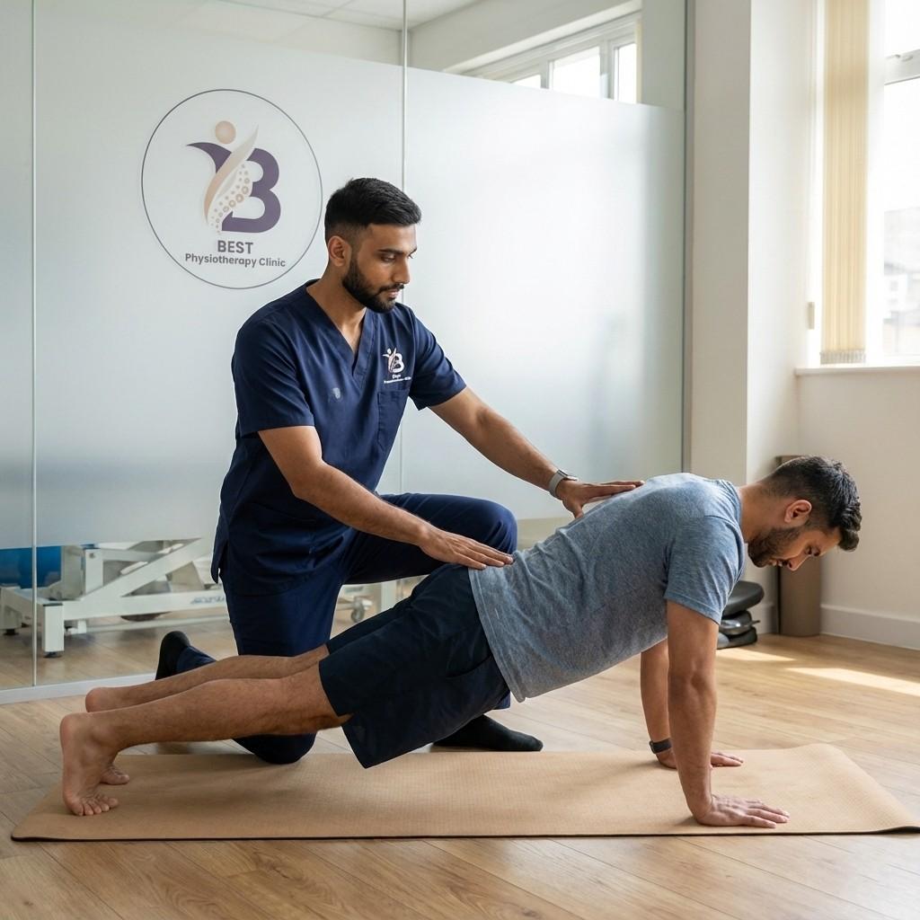 Physiotherapist supervising a Slipped Disc patient performing low-impact plank exercise for core muscle stabilisation