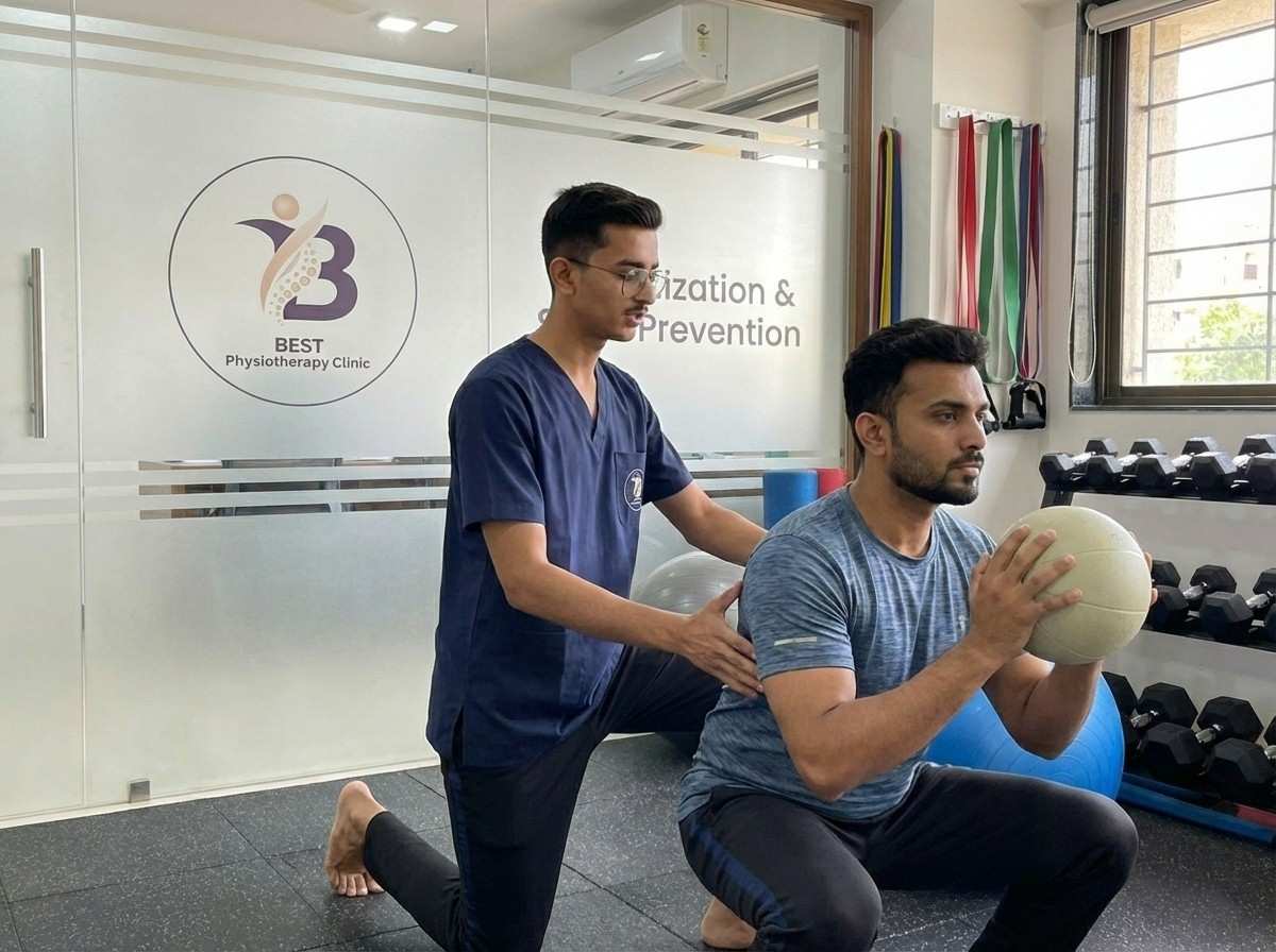 Slipped Disc patient performing functional lower body strengthening (lunge/squat) with a medicine ball for return to activity