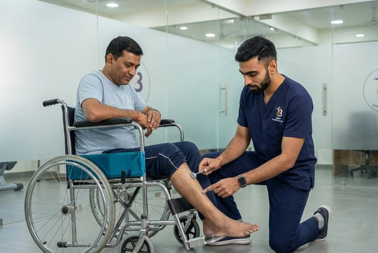 Physiotherapist Dr.Sagar testing knee reflexes and sensation on a patient in a wheelchair for spinal cord injury rehabilitation in Bopal Clinic.