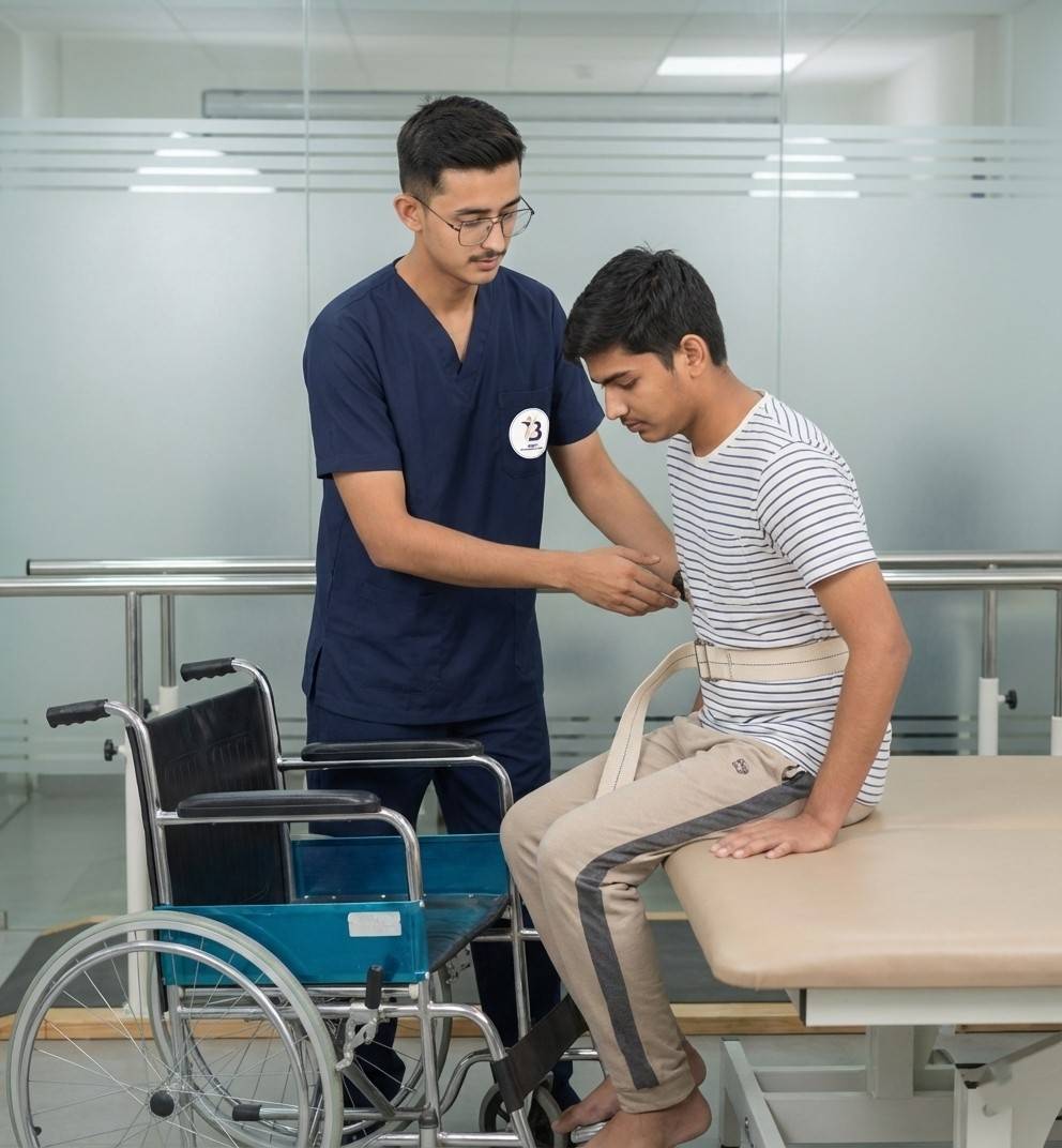 Physiotherapist Dr. Kanaiya assisting a patient with safe wheelchair to treatment table transfer training using a gait belt.