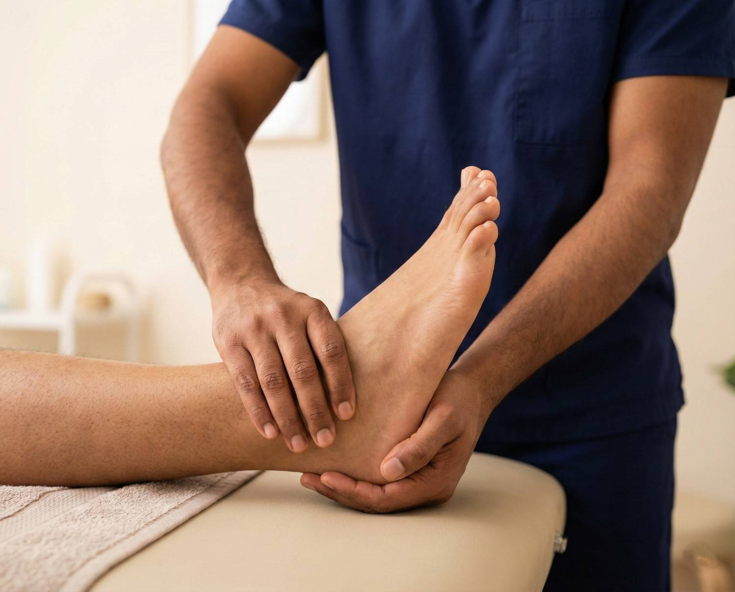 Close-up of a physiotherapist performing ankle and foot manual therapy for spinal cord injury patients.