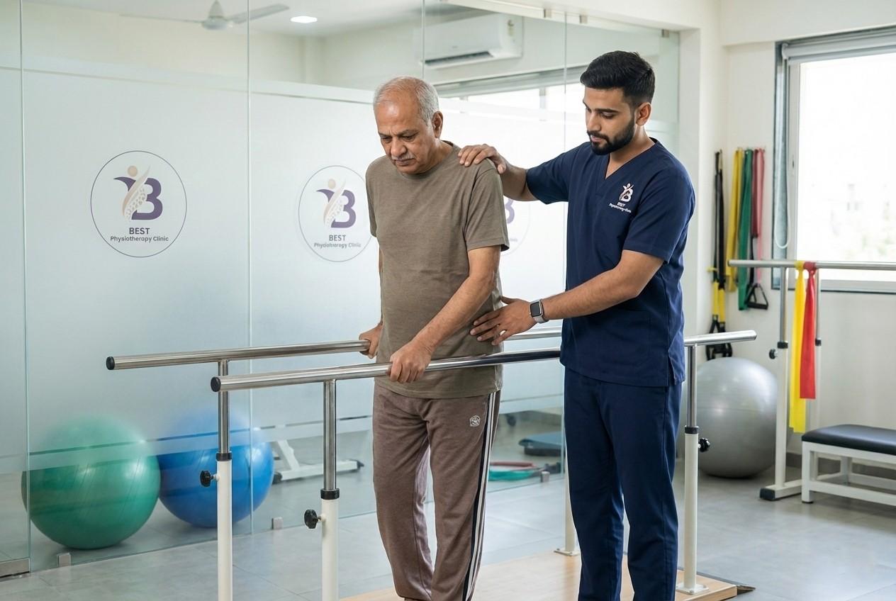 Older patient receiving stroke rehabilitation gait training with a therapist using parallel bars.