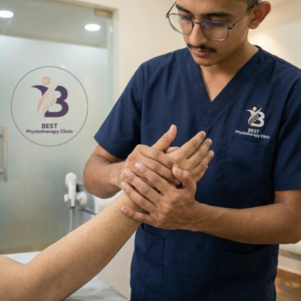 Physiotherapist performing manual therapy and joint mobilization on a patient's hand for stroke rehabilitation.