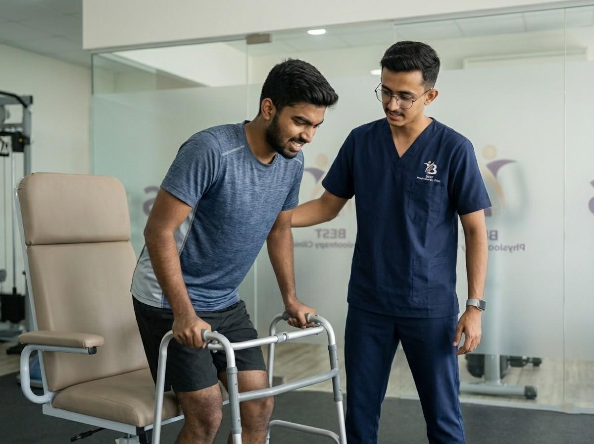 Young male stroke patient improving mobility during physiotherapy with a therapist and walker.