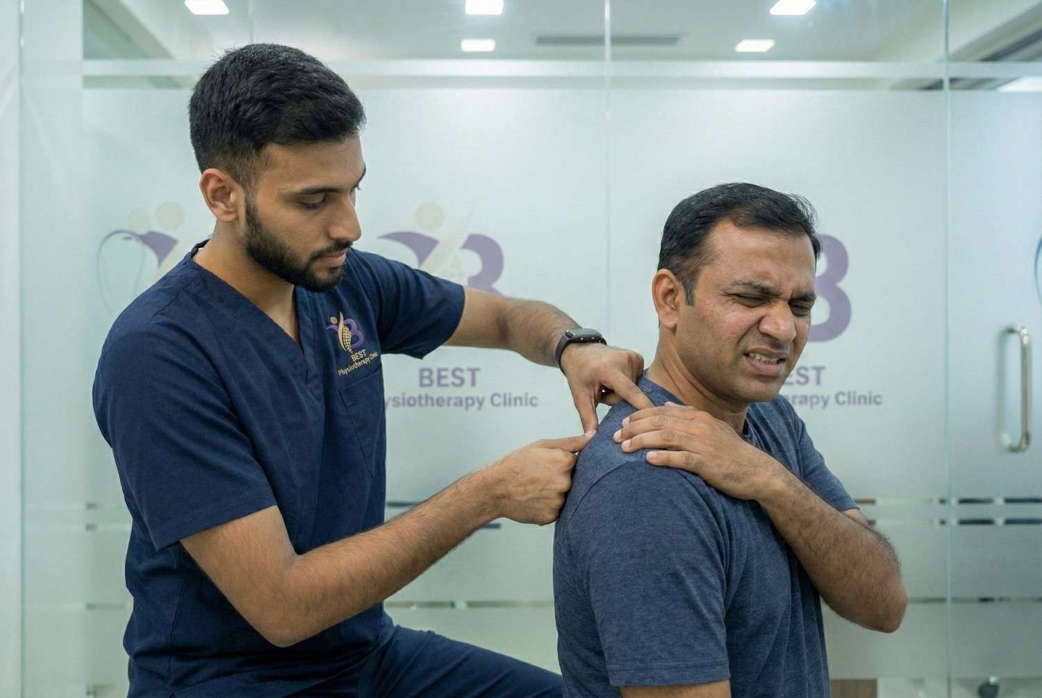 Physiotherapist performing trigger point release and manual therapy on the upper trapezius muscle for Trapezitis pain relief