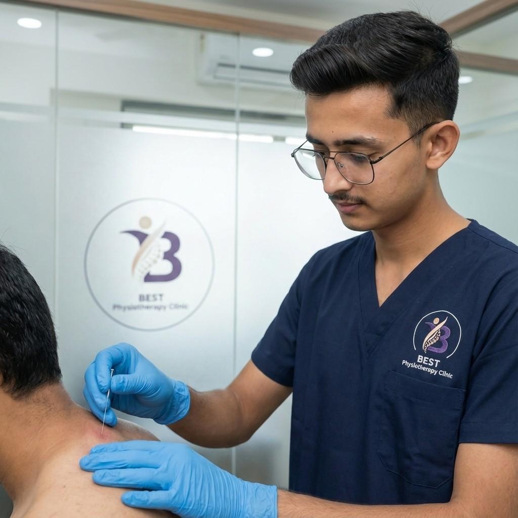 Dry needling treatment performed by a physiotherapist on trigger points to relieve chronic Trapezitis pain and tension