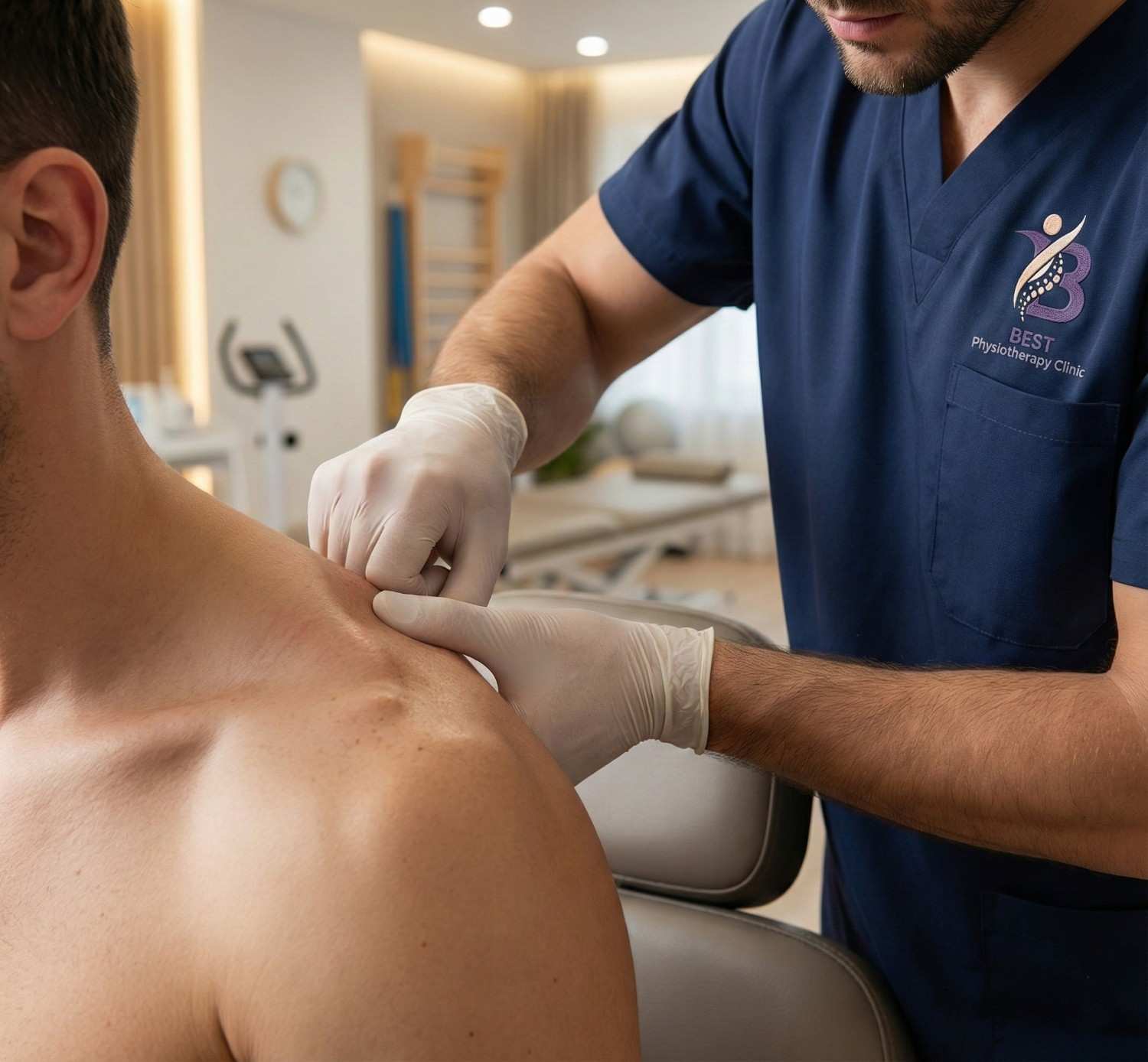 Trapezitis patient performing posture correction and shoulder blade strengthening exercises with a resistance band