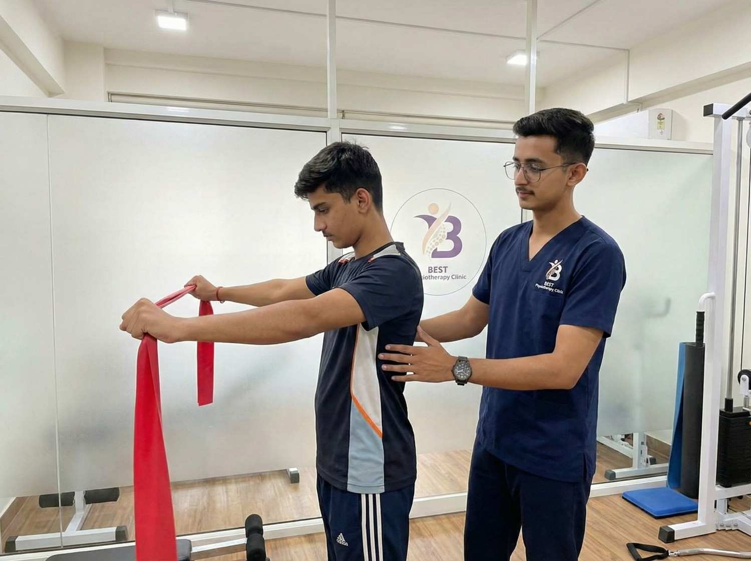 Physiotherapist applying deep tissue pressure or myofascial release technique to the painful trapezius muscle for Trapezitis treatment