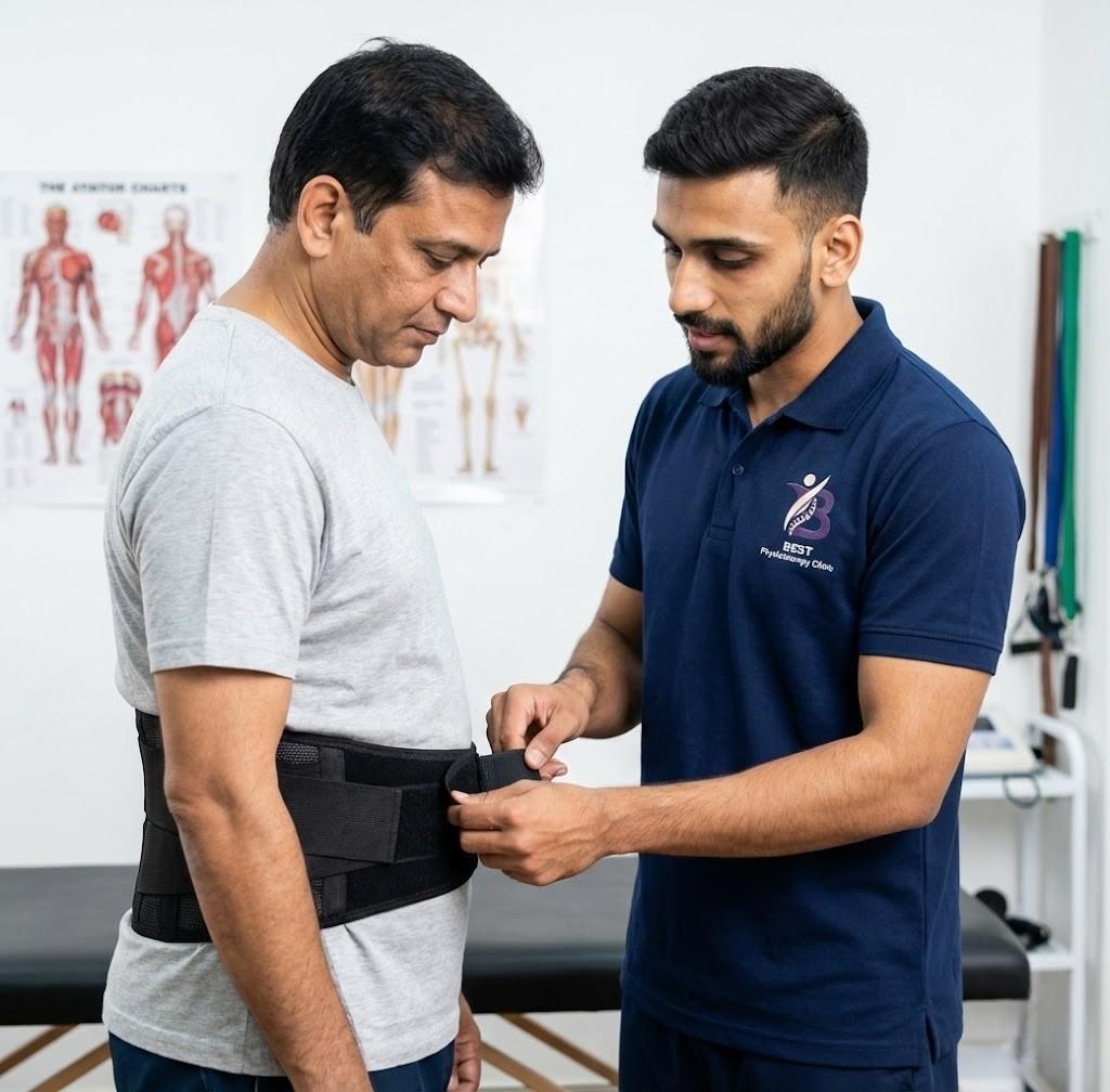 Physiotherapist Dr. Sagar fitting back support brace for pain management in BEST Physiotherapy clinic in Bopal.