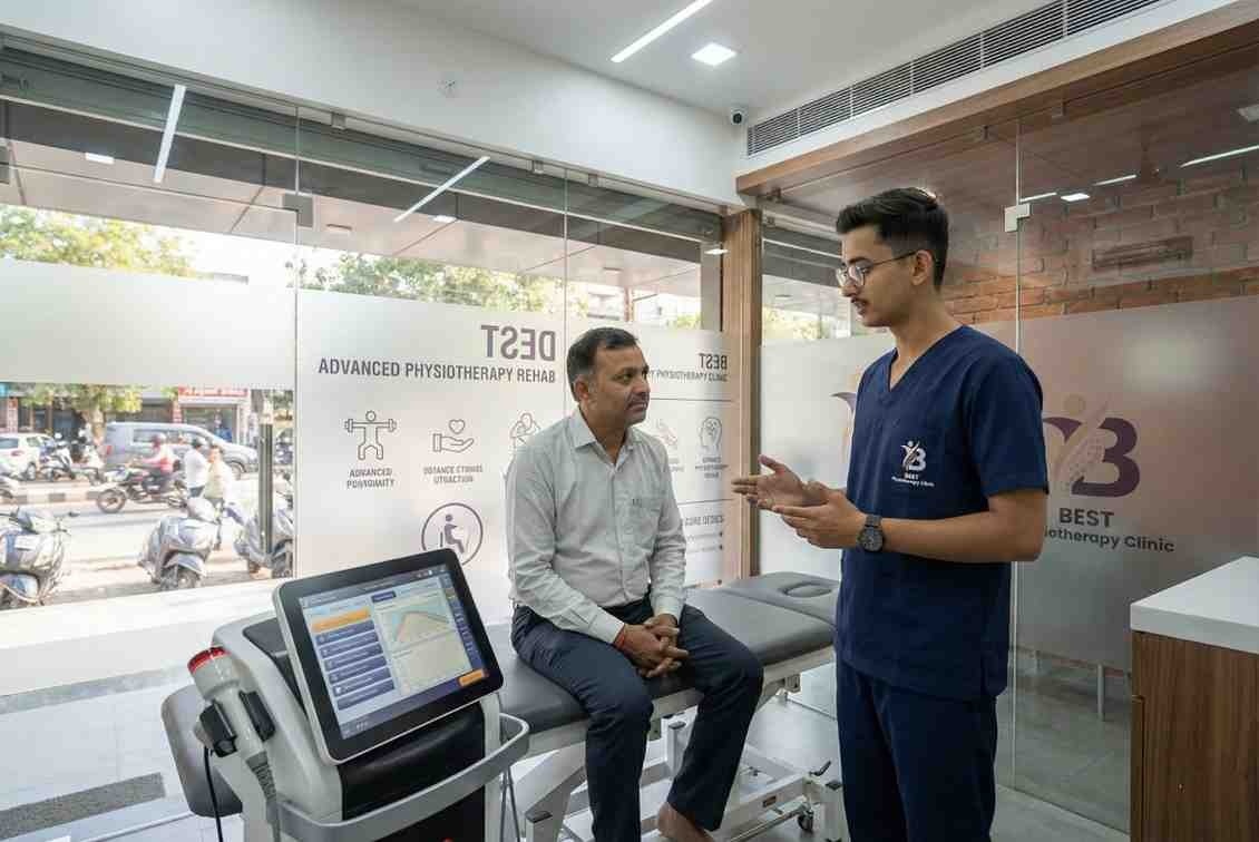 Physiotherapist in scrubs explaining treatment using a large screen device to a sitting male patient for Advanced Physiotherapy Bopal