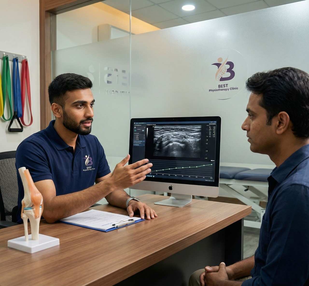 Therapist showing an ultrasound image and knee model while discussing treatment with a male patient.