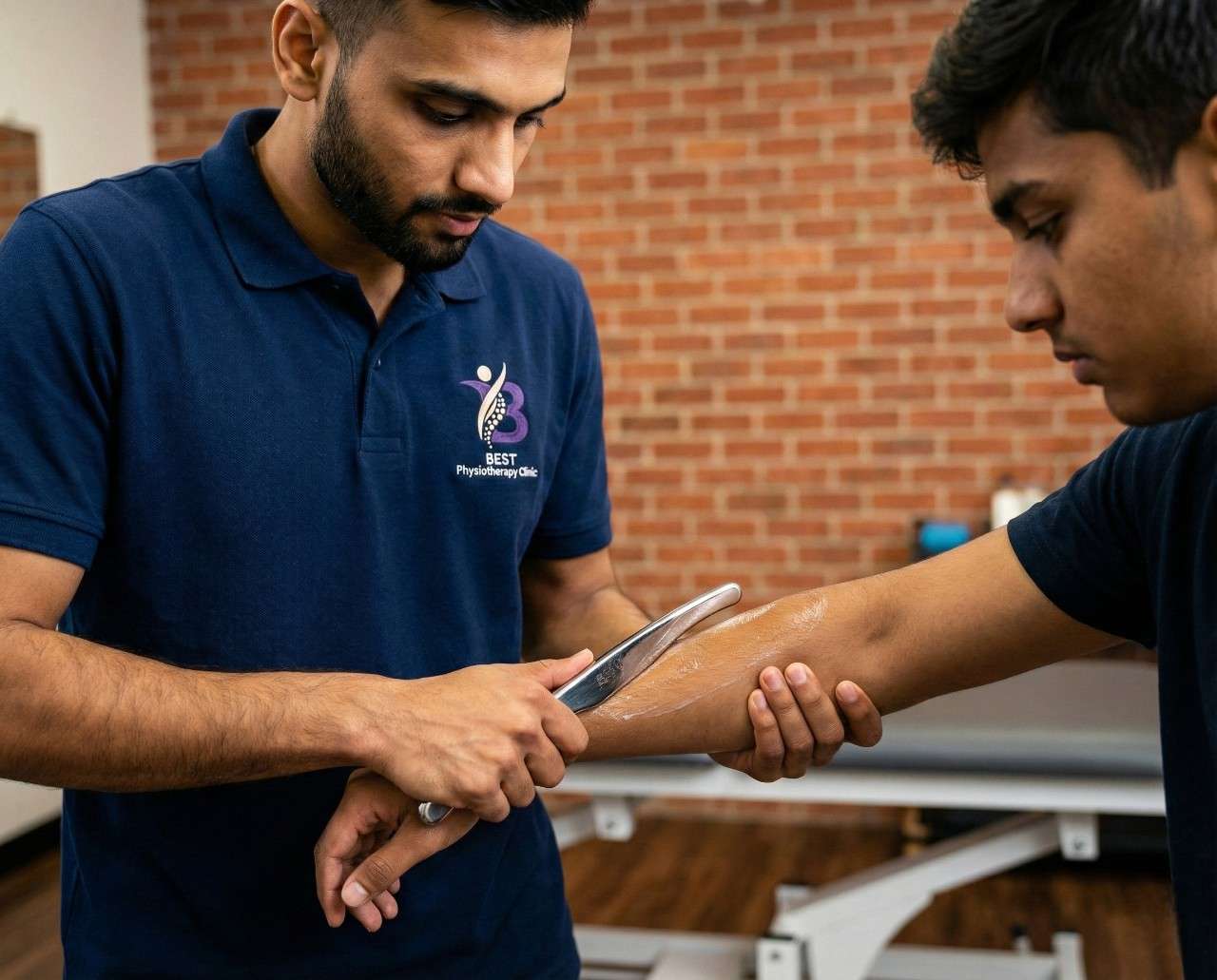 Physiotherapist Dr. Sagar performing instrument-assisted soft tissue mobilization (IASTM) on a patient's arm.