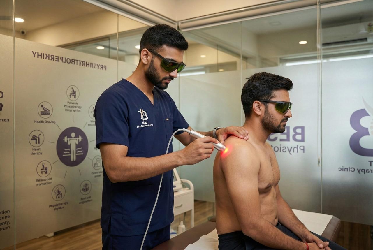 High-intensity Advino Cura Laser Therapy was applied to a patient's shoulder to effectively relieve chronic pain and inflammation.