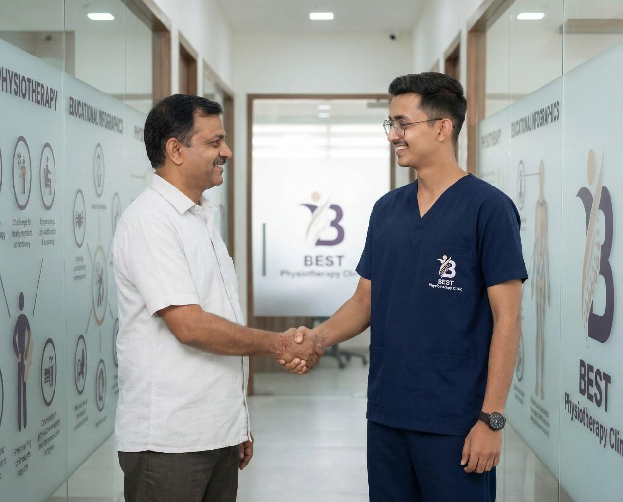 A physiotherapist shaking hands with a satisfied patient after a successful laser treatment session at the Bopal clinic.