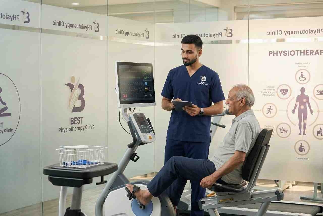 A physiotherapist Dr. Sagar monitors an elderly man using a recumbent cycle for Cardiopulmonary Rehabilitation Bopal