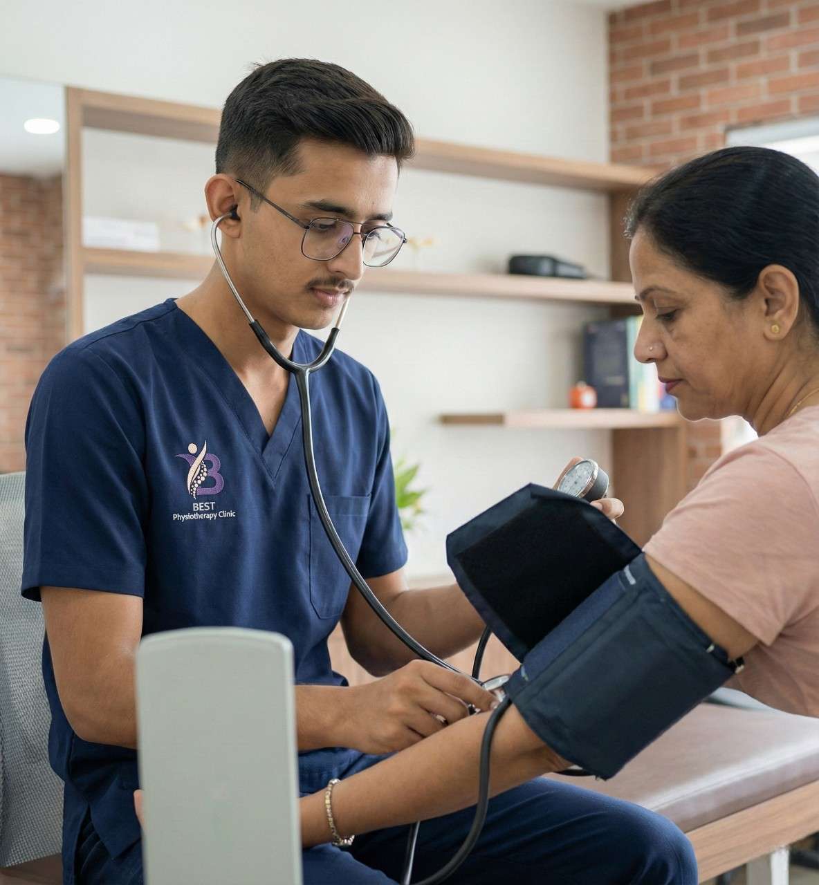 Physiotherapist Dr. Kanaiya checking a female patient's blood pressure using a stethoscope and cuff.