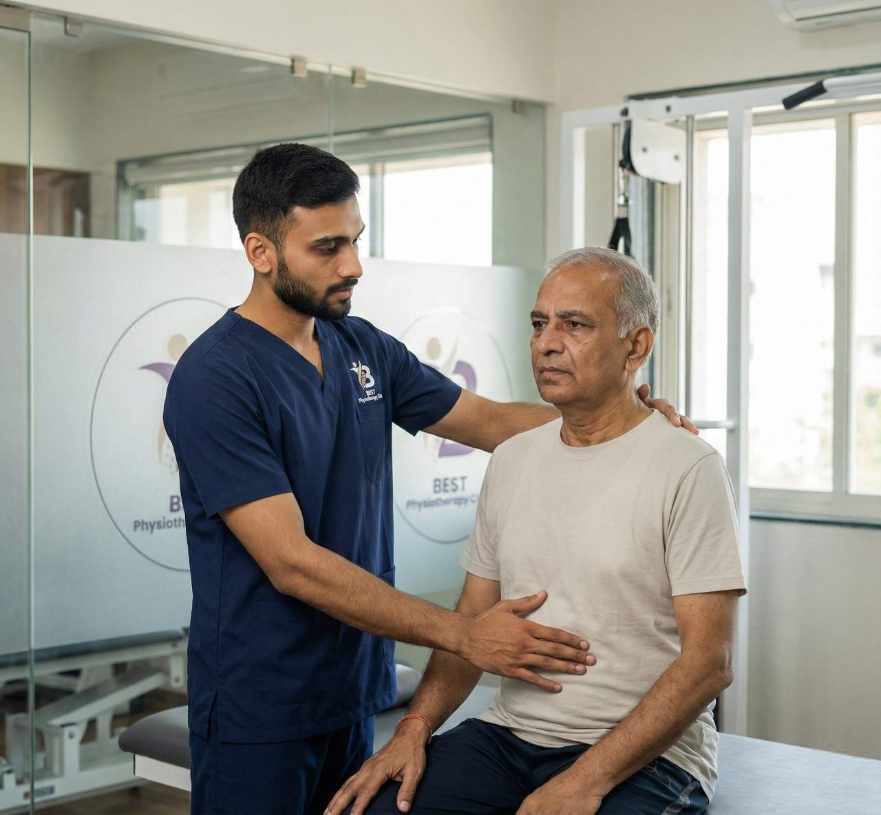 A physiotherapist performing chest and diaphragmatic breathing assessment on a male patient.