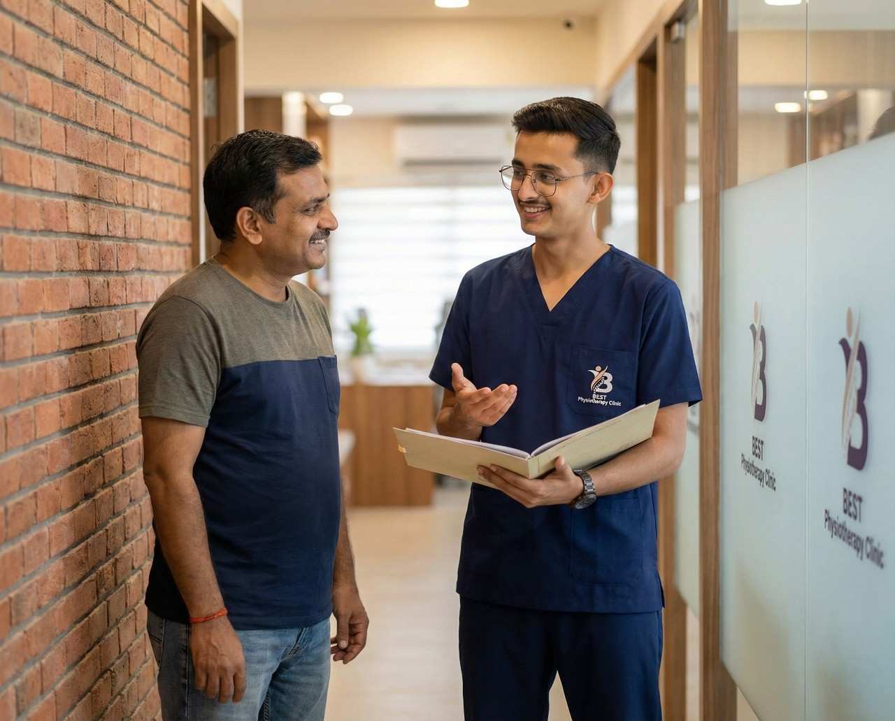 A smiling physiotherapist Dr. Kanaiya and a male patient are discussing a recovery or treatment plan in a hallway.
