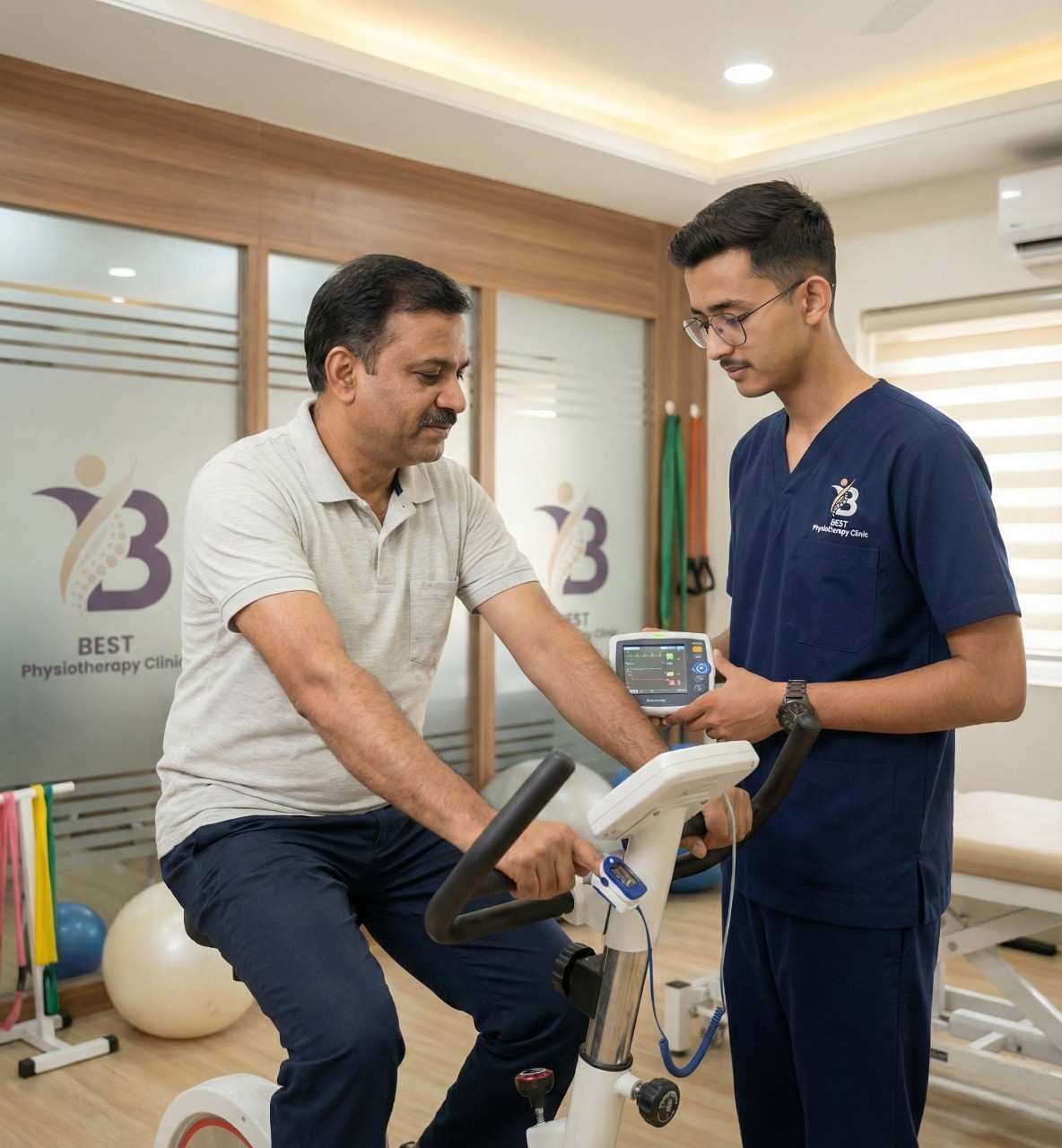 Patient cycles on a stationary bike while a physiotherapist monitors vitals for cardiac rehab.