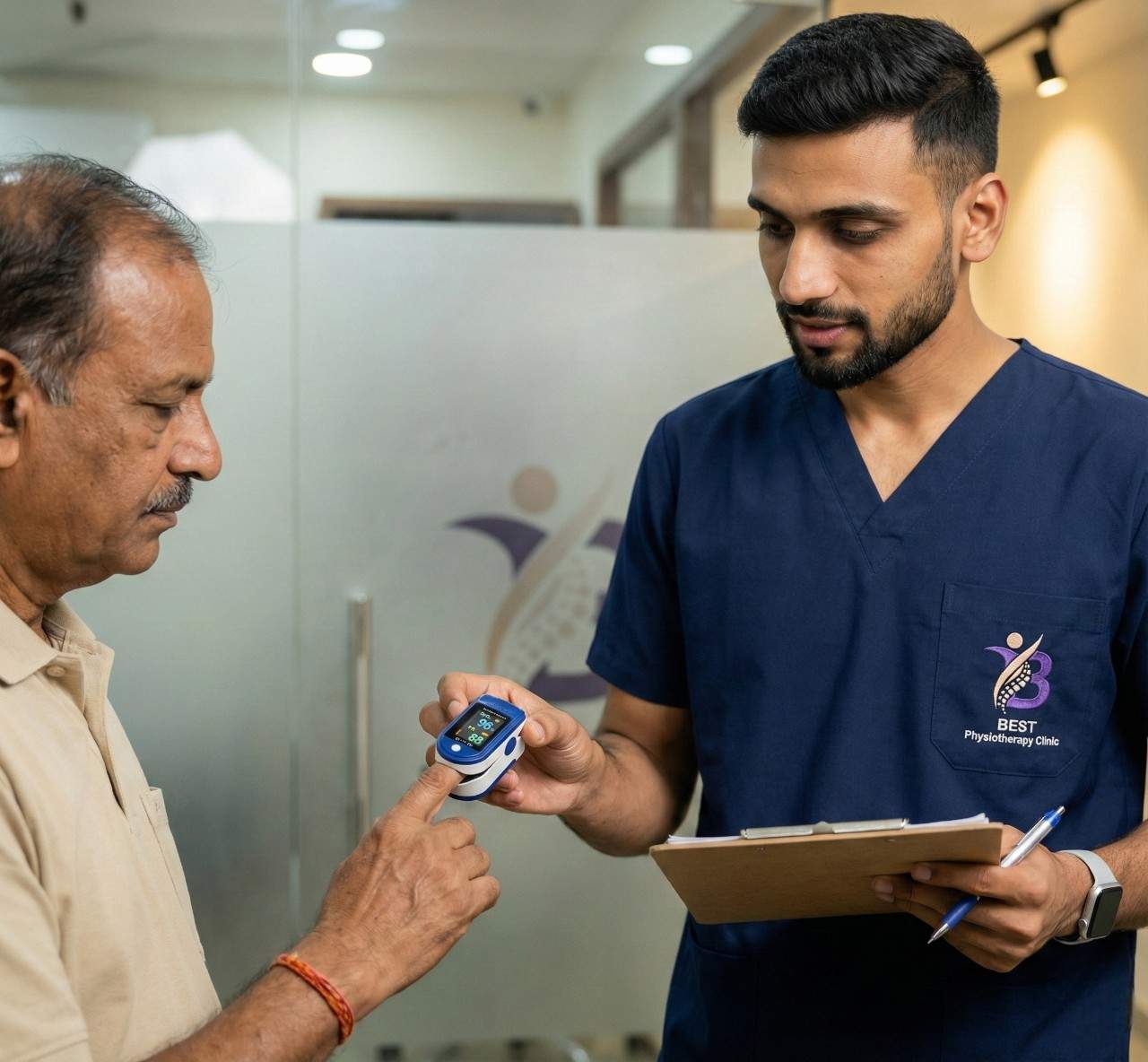 A Physiotherapist uses a pulse oximeter to check the oxygen saturation of an older male patient.