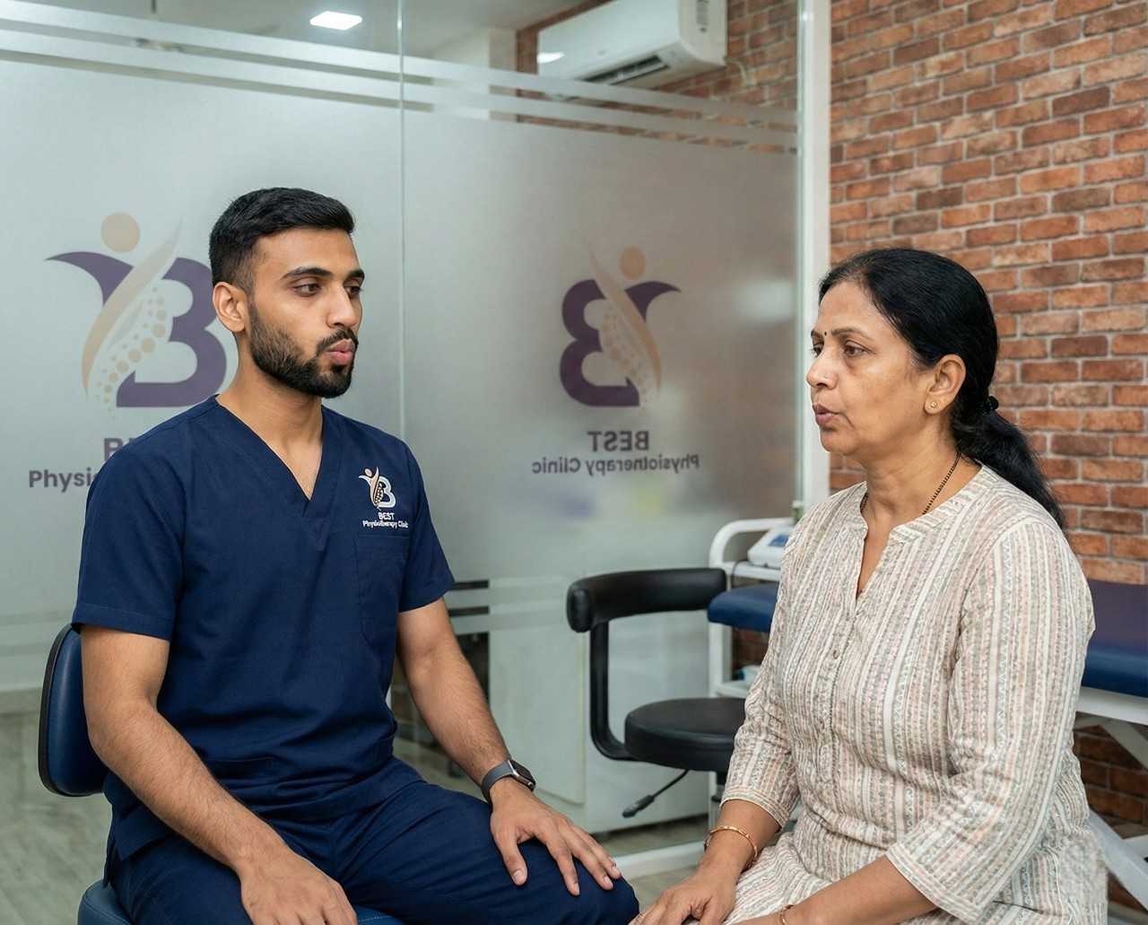 A Physiotherapist listens attentively to an older female patient during a respiratory consultation.