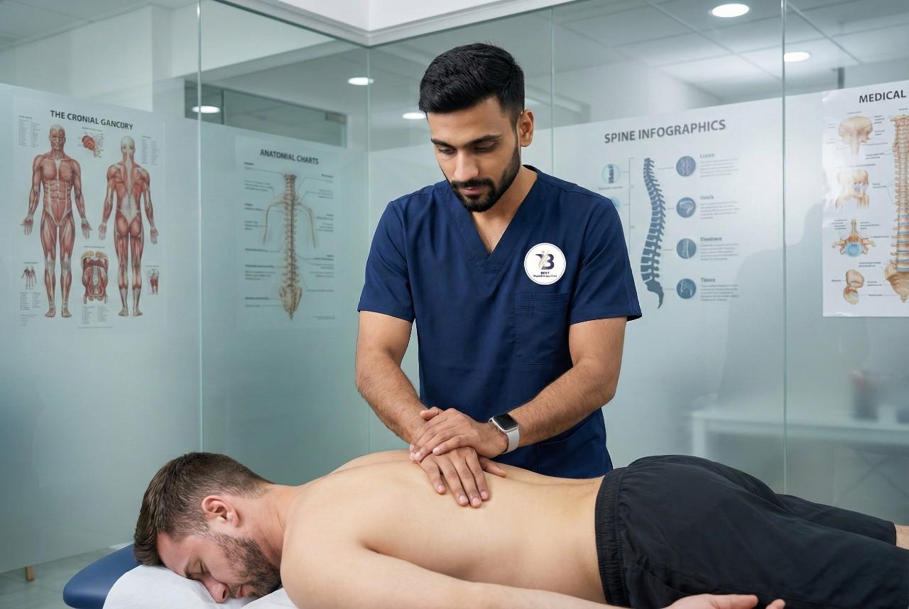 Expert physiotherapist performing safe chiropractic spinal manipulation Therapy on patient for back pain relief in Bopal.