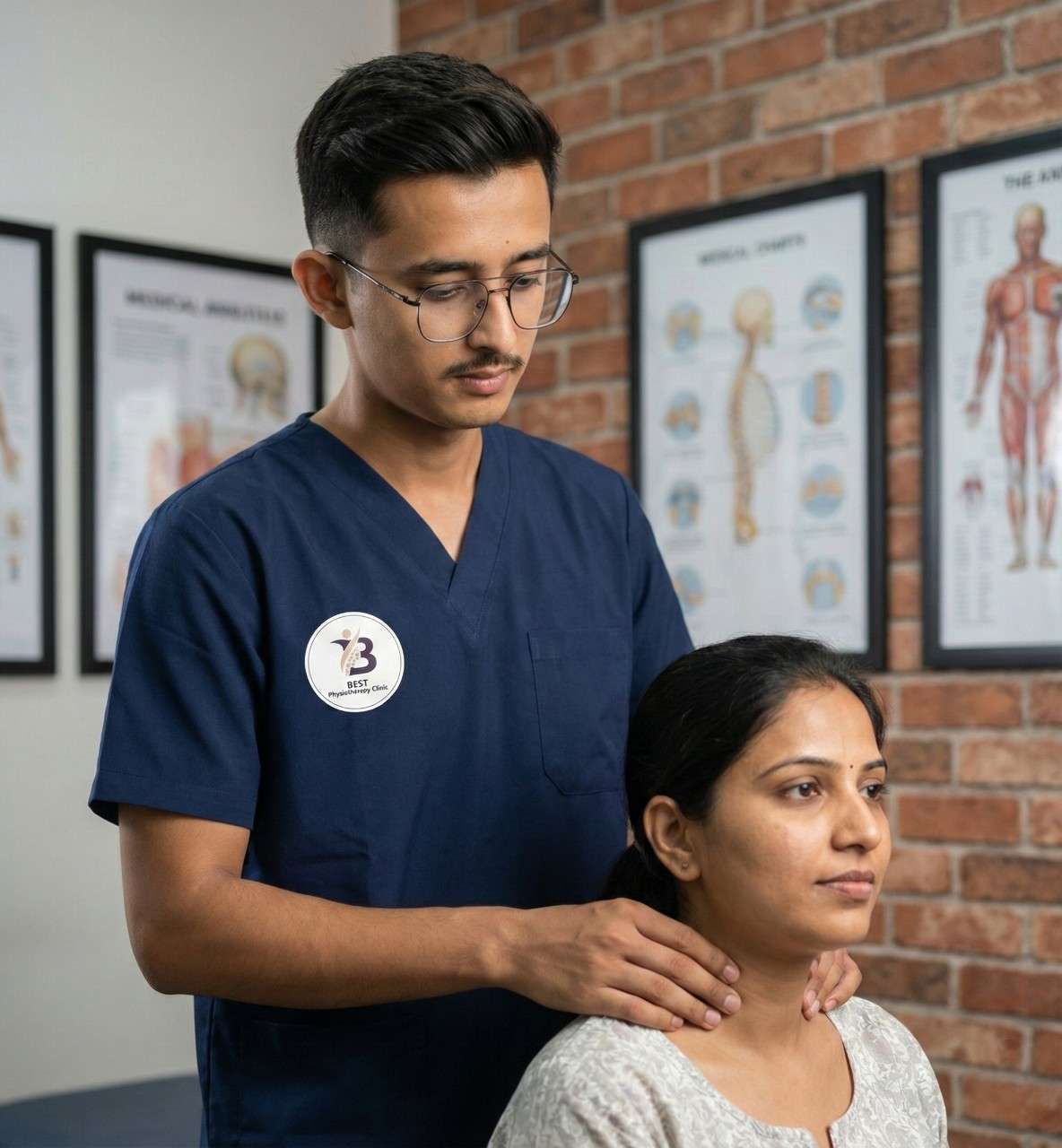 Doctor conducting safety screening and cervical chiropractic assessment for neck pain treatment at physiotherapy clinic.