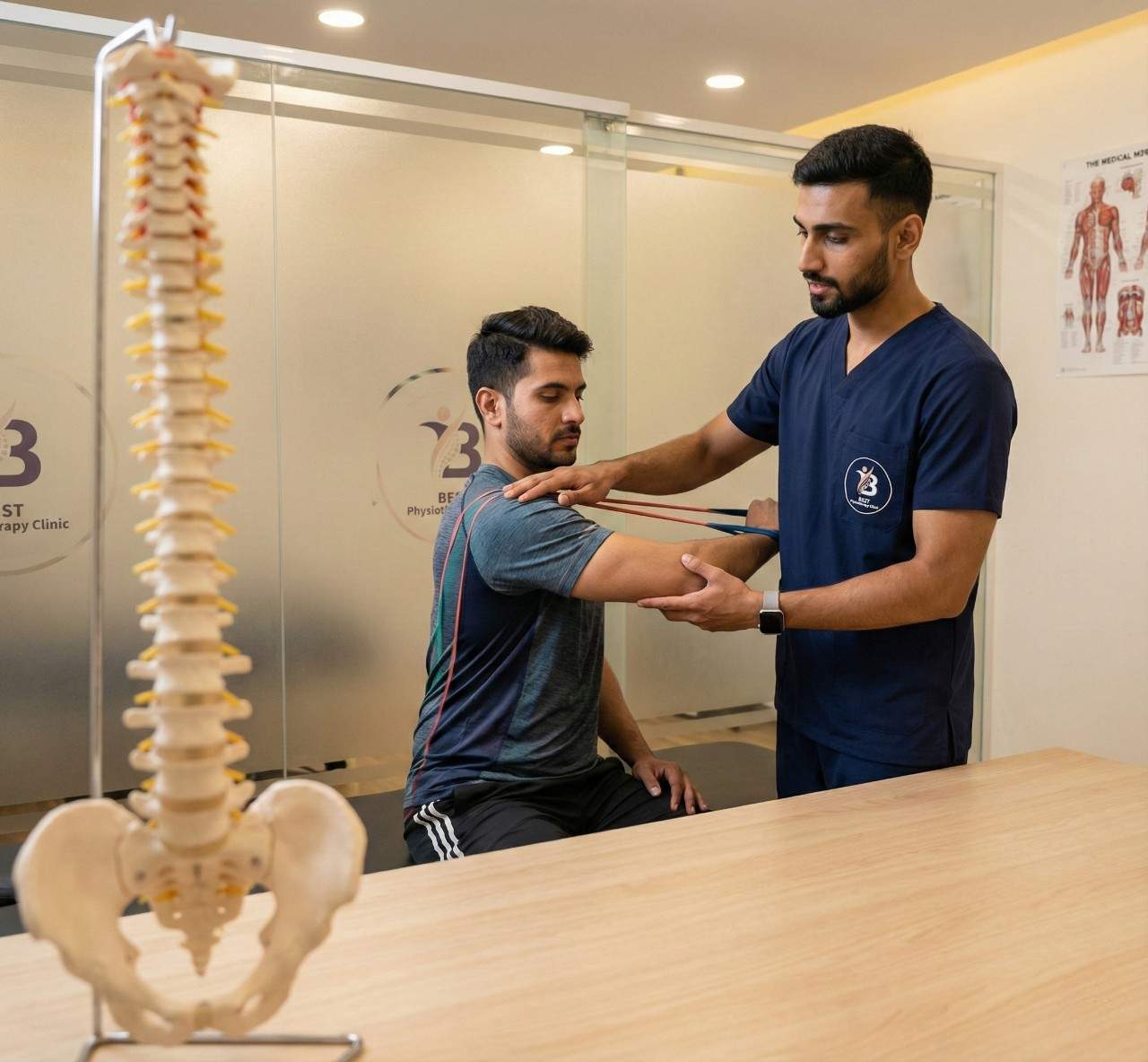 Patient performing corrective strengthening exercises with resistance band post-chiropractic adjustment for active recovery.