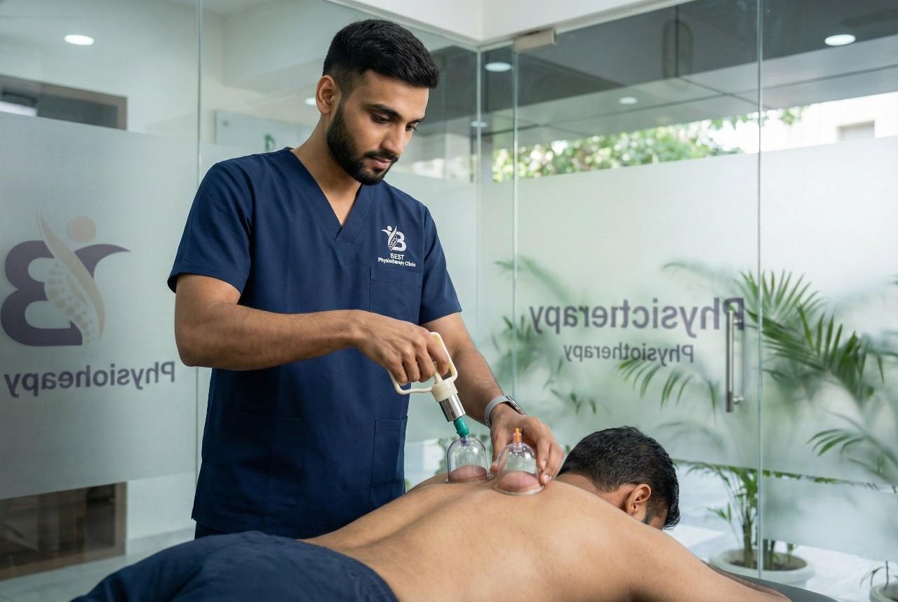 Dr. Sagar performing advanced cupping therapy for effective back pain relief at Best Physiotherapy Clinic Bopal.