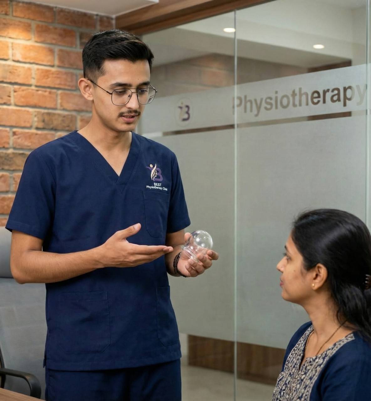 Physiotherapist Dr. Kanaiya explaining cupping therapy benefits for myofascial release during patient consultation in Bopal.