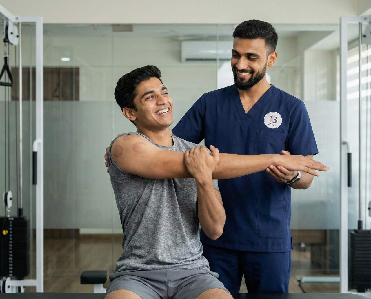 Dr. Sagar guiding patient through shoulder mobility exercises after cupping therapy to restore full range of motion.