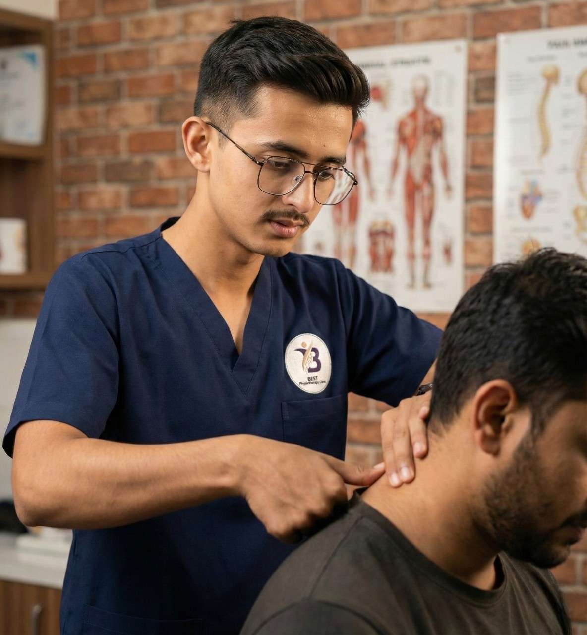 Physiotherapist Dr. Kanaiya assessing the upper trapezius muscle to locate trigger points before dry needling for neck pain.