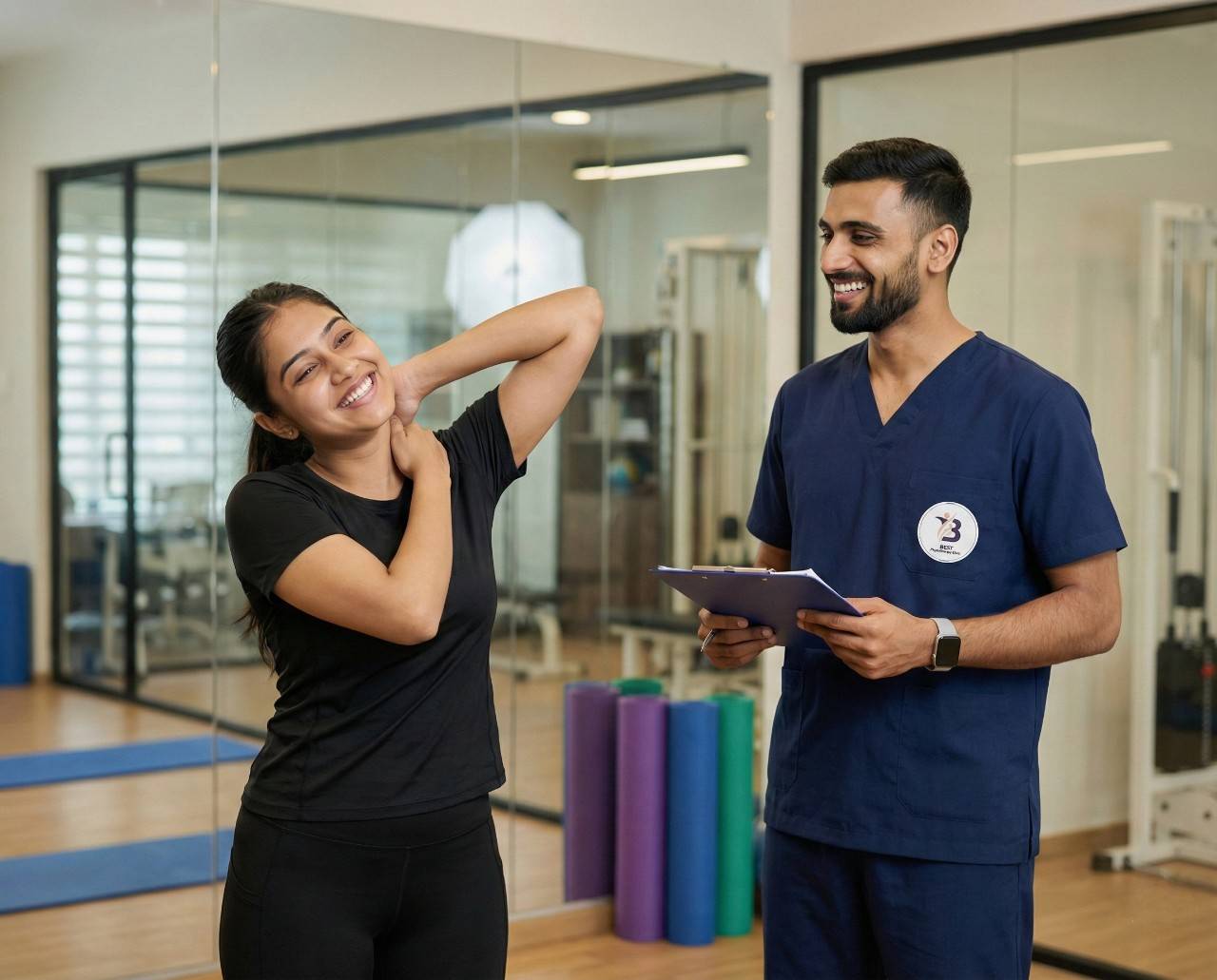 Happy patient demonstrating improved range of motion after receiving successful dry needling therapy for muscle stiffness.