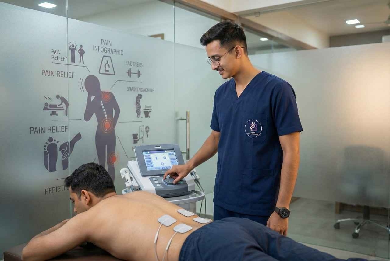 Physiotherapist applying electrotherapy Bopal (TENS) pads on a male patient's back for pain relief.