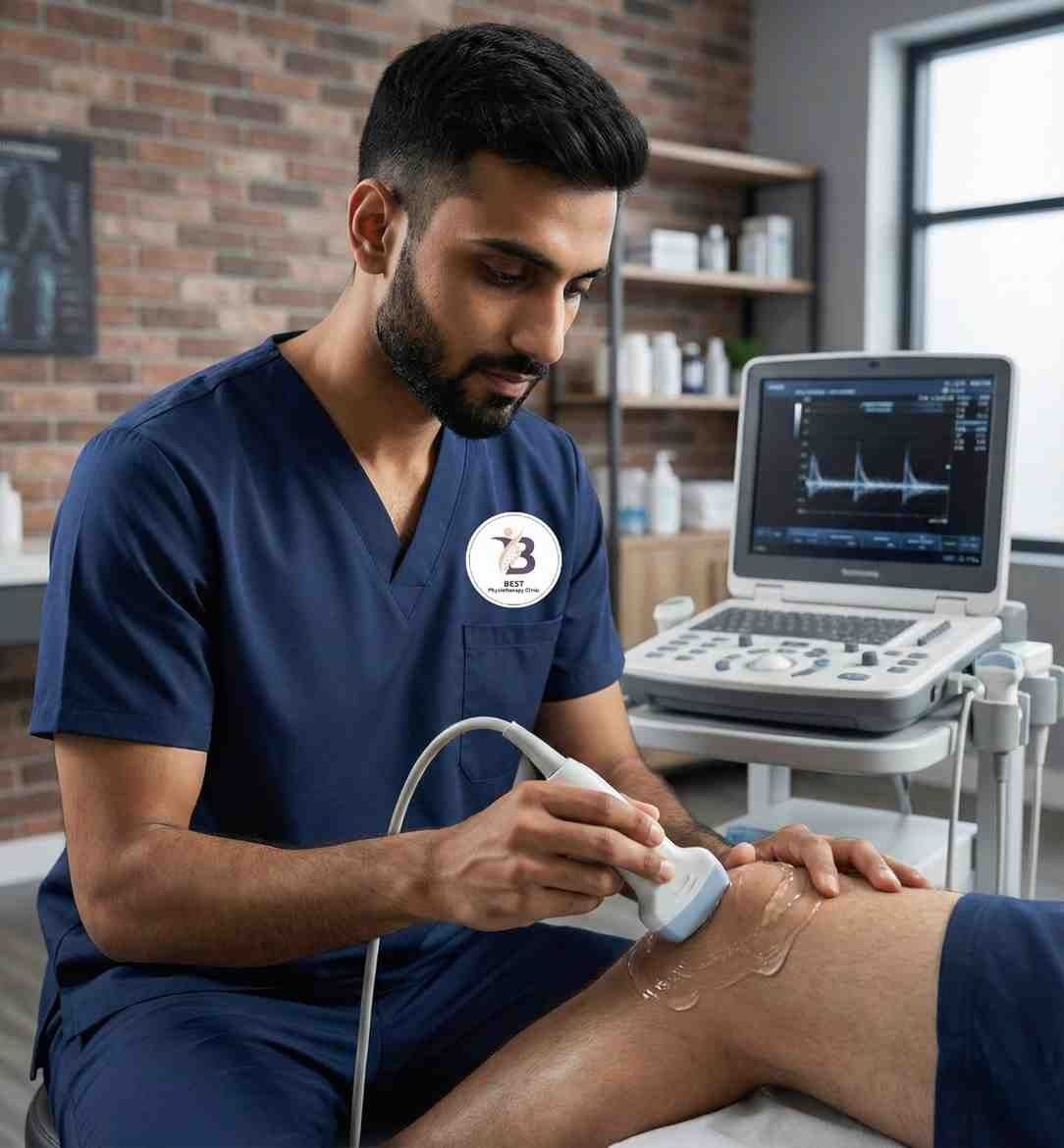 physiotherapist performing ultrasound therapy on a patient's knee joint with a probe.