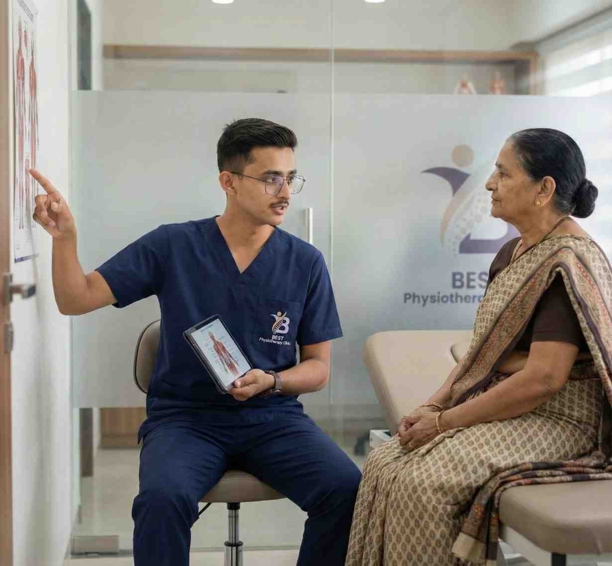 Physiotherapist explaining anatomy and treatment plan to an elderly female patient in a clinic.