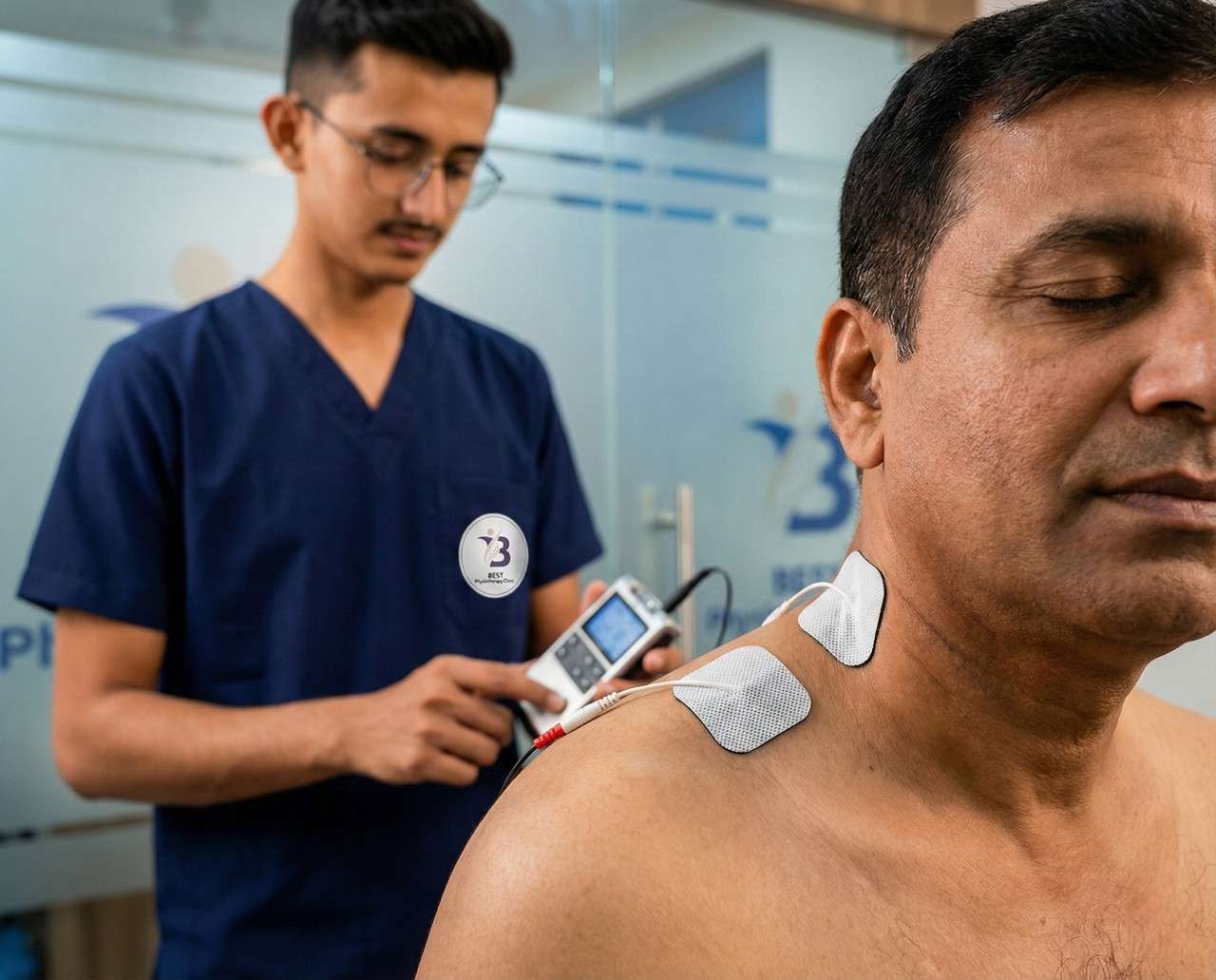 Physiotherapist administering TENS electrotherapy to a male patient's shoulder and neck for pain.