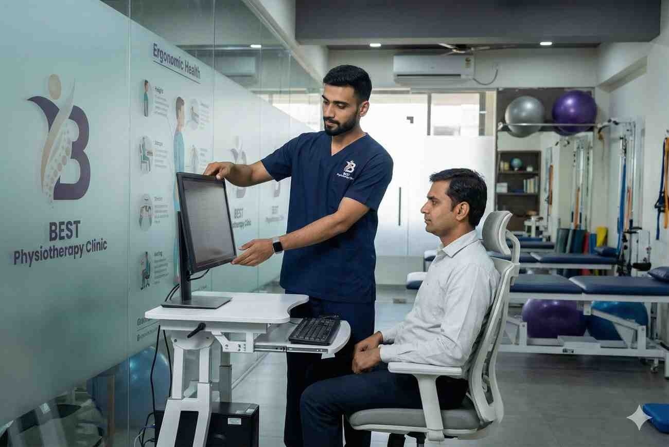 Physiotherapist adjusting computer screen height for Ergonomics & Lifestyle workstation setup