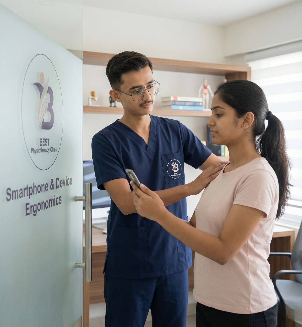 Physiotherapist Dr. Kanaiya correcting patient posture for smartphone and device ergonomics.
