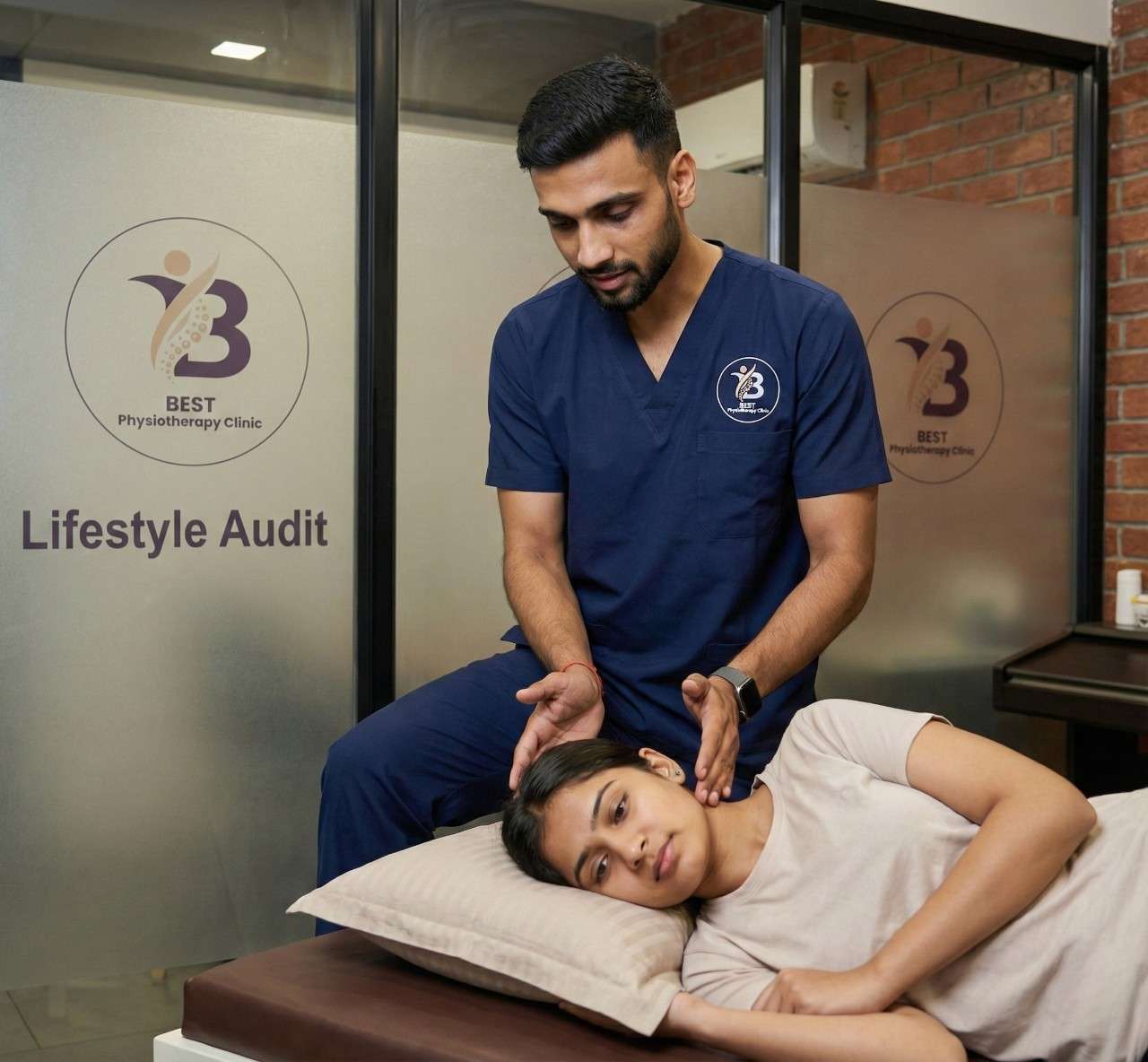 Manual neck therapy treatment session by physiotherapist for lifestyle audit.