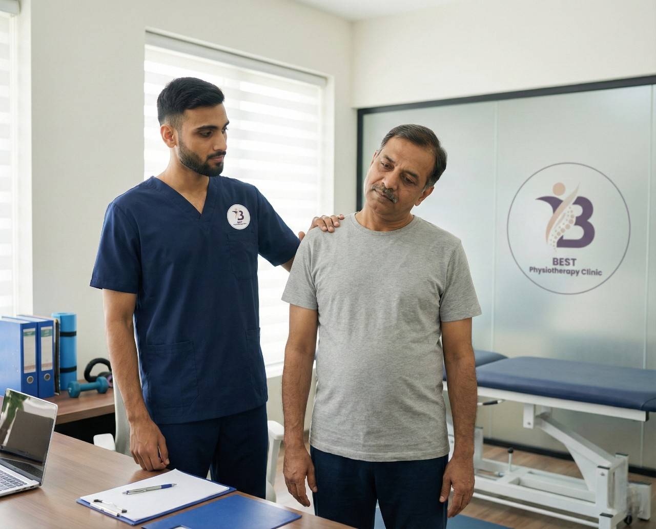Physiotherapist guiding patient in neck stretching exercise for posture correction.
