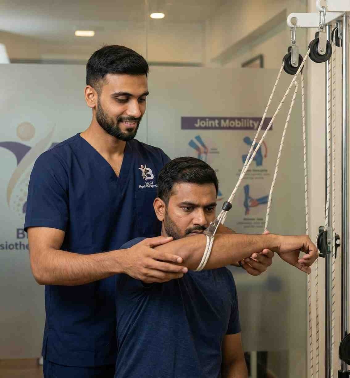 Physiotherapist guiding the patient's arm movement using a pulley system for joint mobility