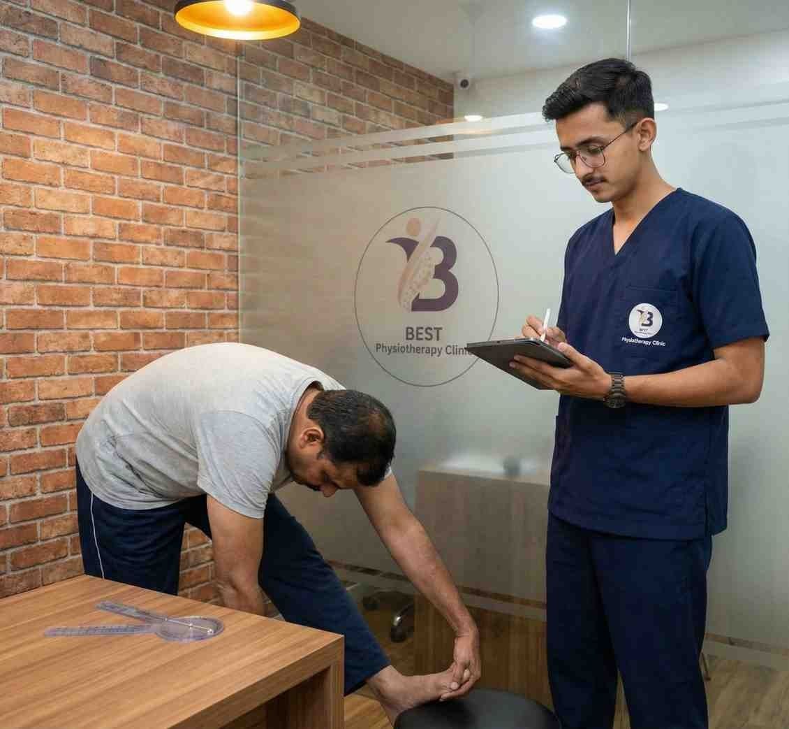 Physiotherapist assessing patient flexibility and movement during an exercise therapy session in Bopal Clinic.