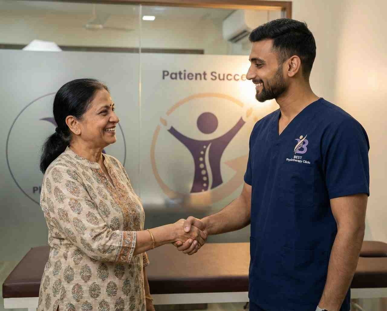 A physiotherapist greeting a patient after a successful physiotherapy session at a modern clinic in Bopal.
