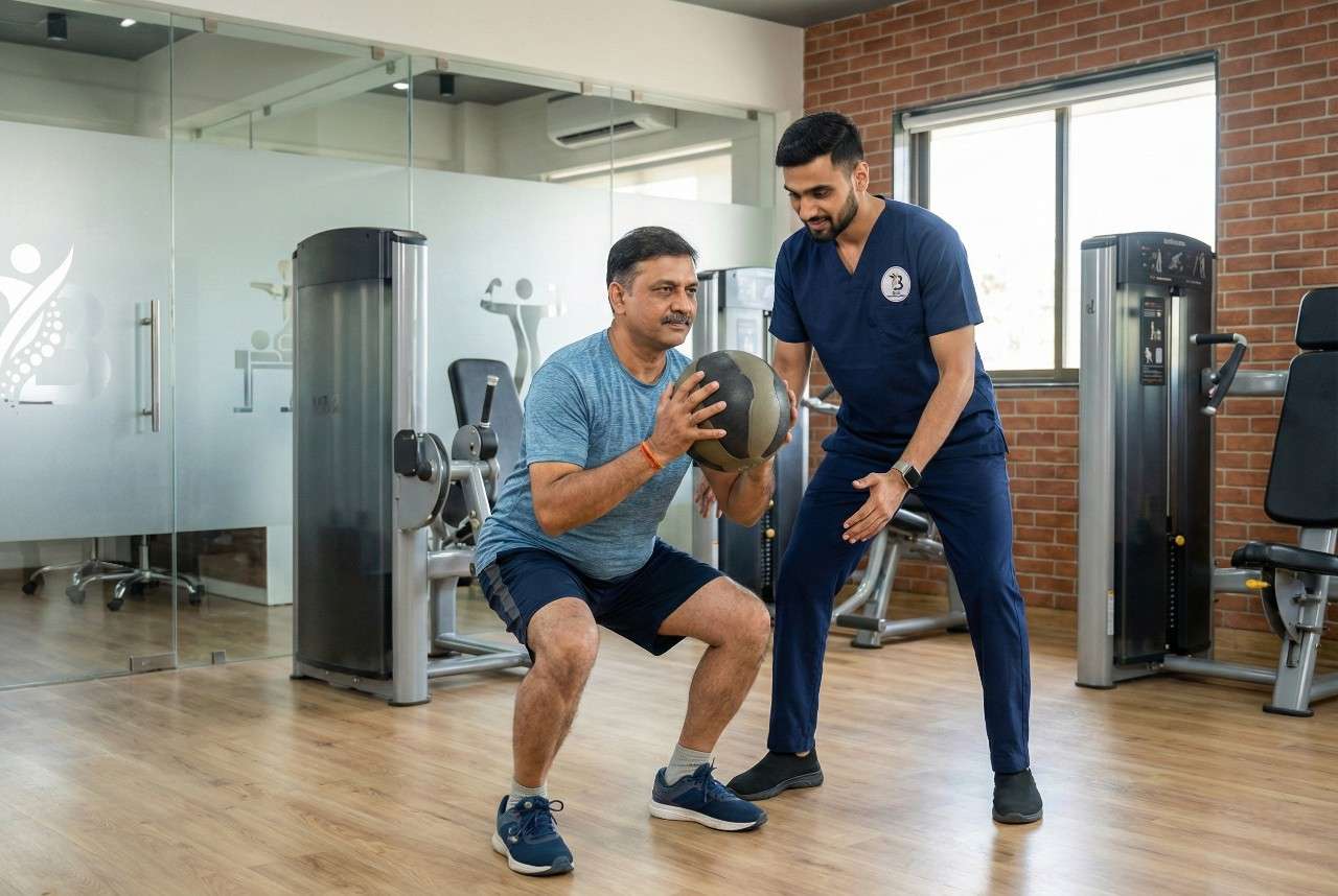 Physiotherapist Dr. Sagar supervising a patient performing medicine ball squats for core strengthening and fitness goals.