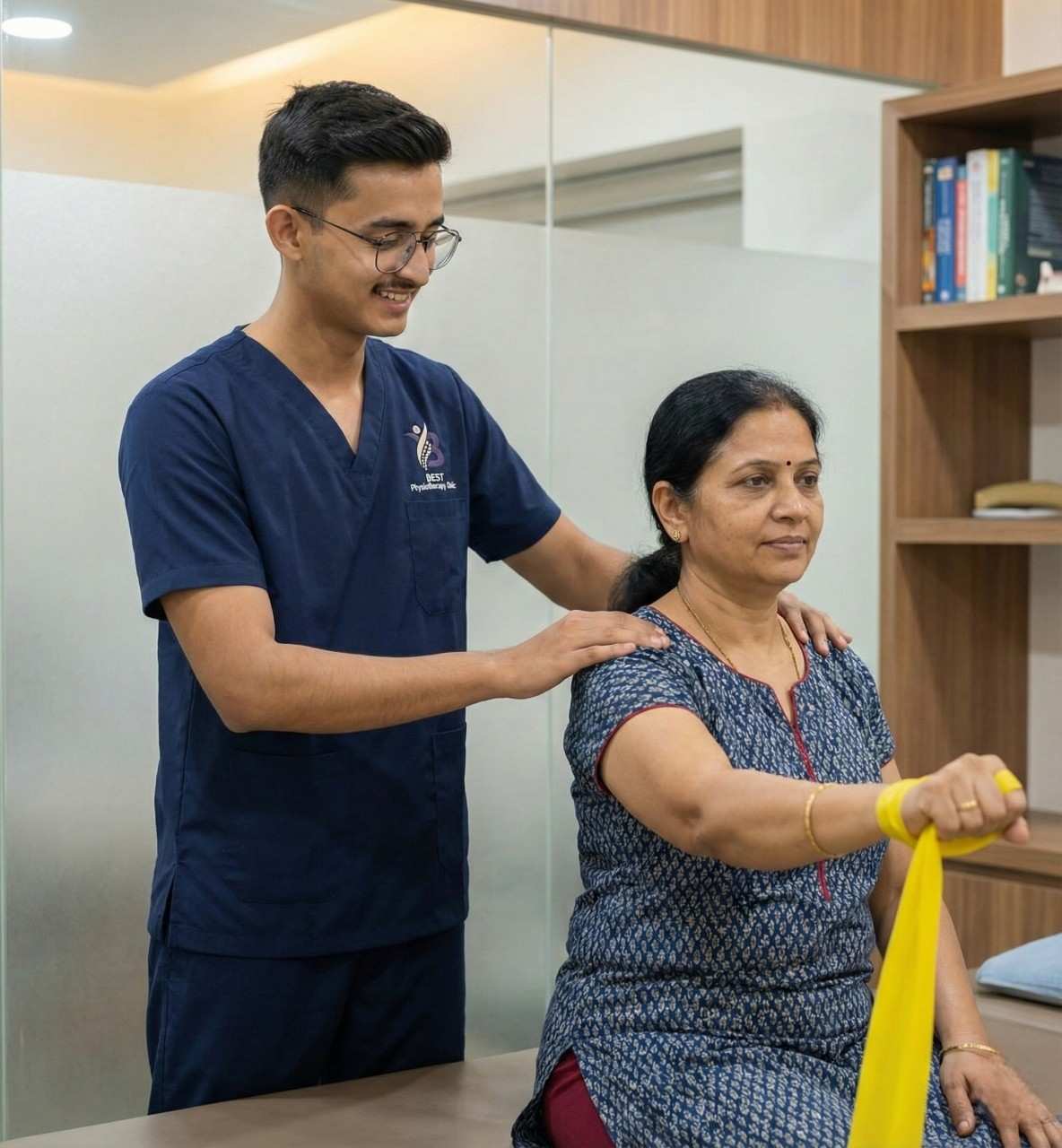 Physiotherapist providing encouragement to a senior patient exercising on a stationary bike for cardiac health.